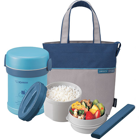 Stainless steel lunch jar with two microwaveable inner bowls, chopsticks, chopsticks holder and easy-to-carry bag
